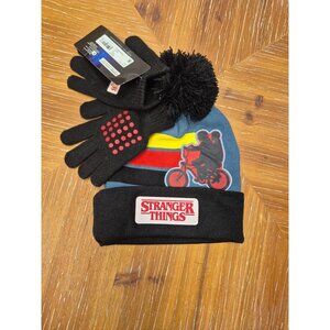 Stranger Things Kids Beanie & Gloves Set Black/Blue/Red Design Pom Pom Hat Netfl